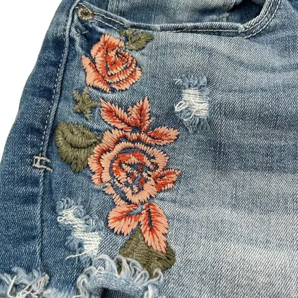 Mudd Jean Shorts 5 High Rise Shortie Floral Embroidered Frayed Raw Hem Stretch - Picture 9 of 13